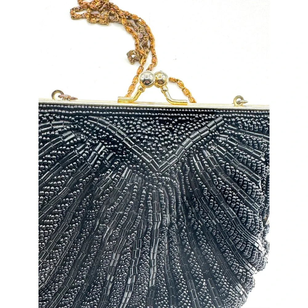 Walborg Vintage Black Beaded Shell Clutch Evening Bag Gold Chain Strap Hong Kong